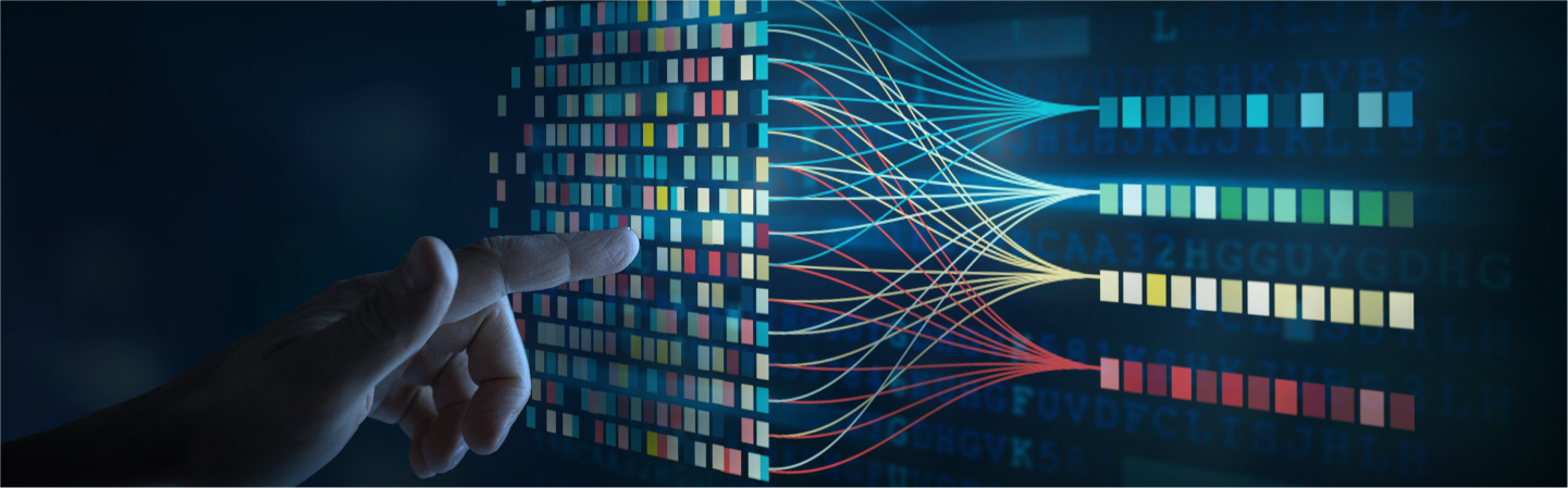 Data science and big data technology. Big data analytics visualizing complex data set on touchscreen. Data mining.
