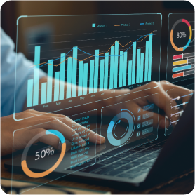 Analyst Works on Personal Computer Showing business analytics dashboard with charts, metrics and KPI to analyze performance and create insight reports for operations management.