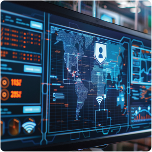 Intrusion Detection Systems (IDS) concept, showcasing abstract data dashboards with graphs, live network traffic analysis, and security alerts on multiple computer screens