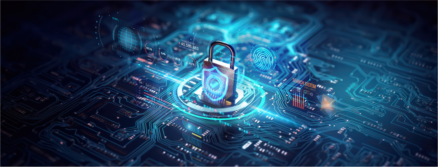 secure connection or cybersecurity service concept of compute motherboard closeup and safety lock with login and connecting verified credentials as wide banner design