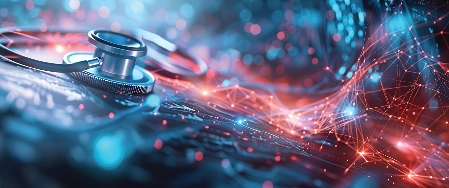 Stethoscope and digital health data fusion, blending traditional healthcare with AI innovation.